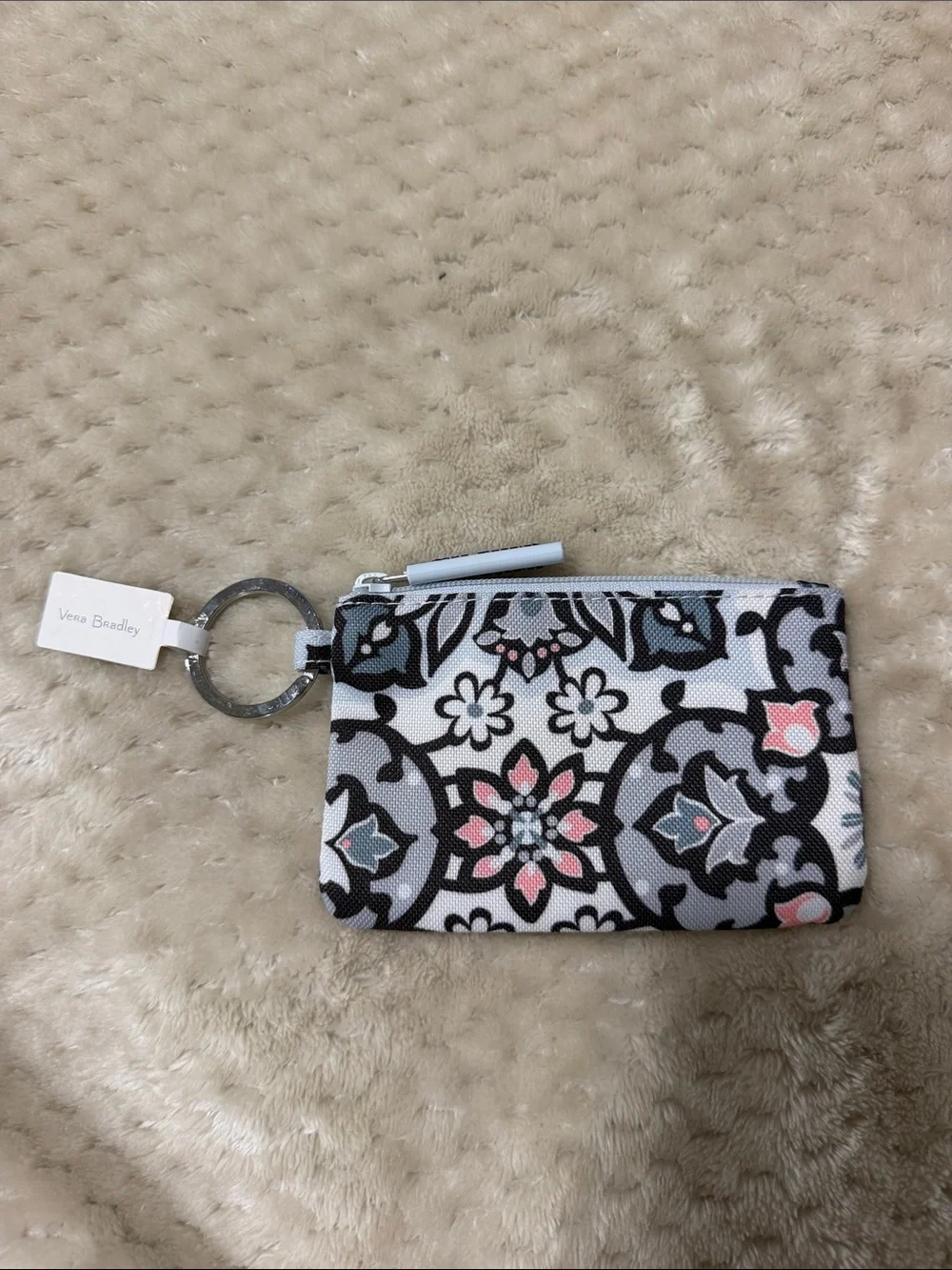 Vera Bradley Gray Floral ID Card Holder with Key Ring
